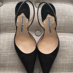 Manolo Blahnik brown mule sling backs.